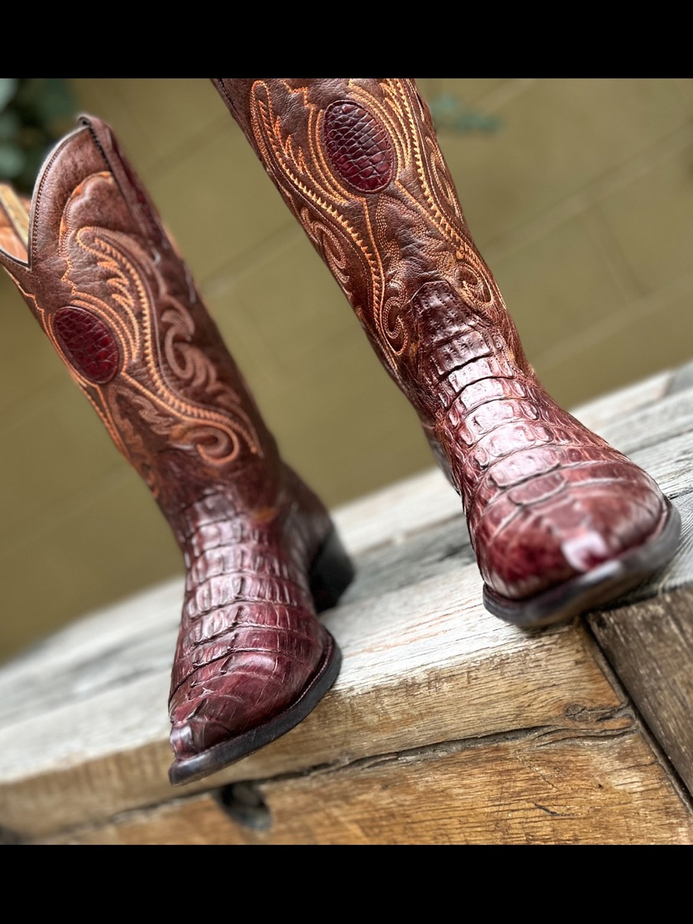 Montana’s Bronze Exotic Authentic Croc Tail Cowboy Boots Size 7.5 D Snip Toe